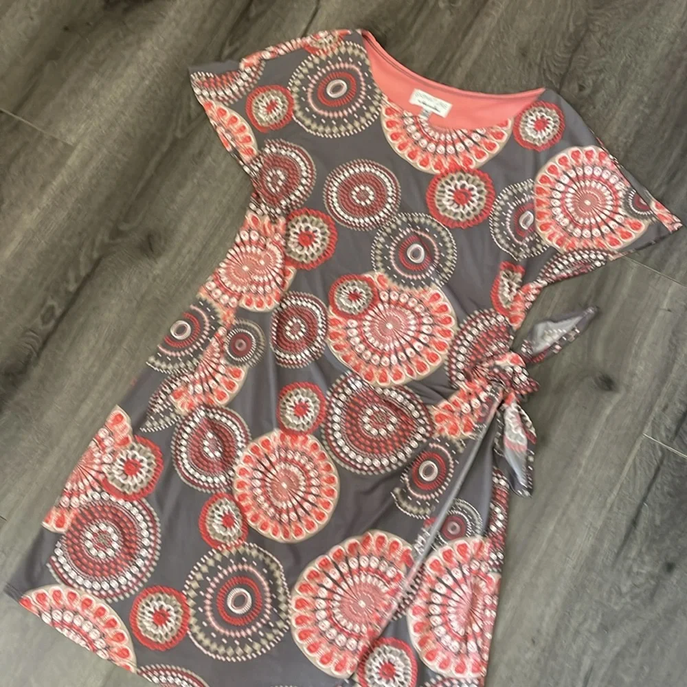 🧡Signature by Robbie Bee Cotton Dress gray & peach vibrant colors cute mini